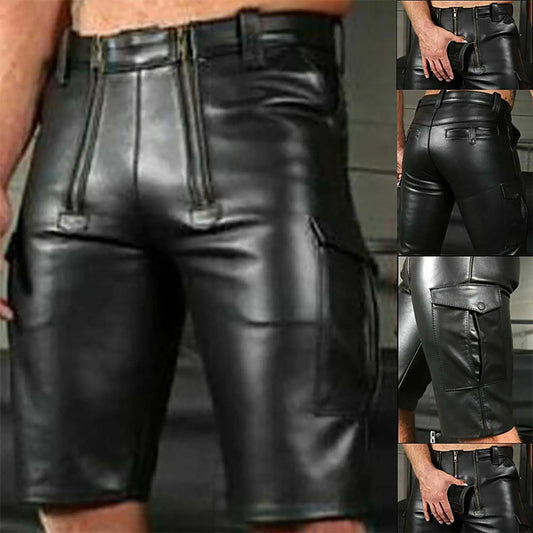 Man's Faux Leather Shorts Motorcycle Style Street Hip Hop Fashion Versatile Bodybuilding Sport Shorts Fashion Streetwear