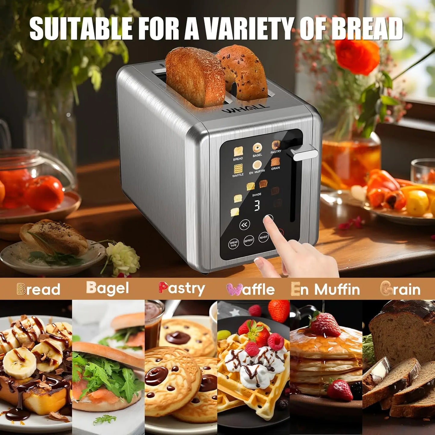 Touch Screen Toaster with Digital Timer, Extra Wide Slots for Bagels, Defrost and Cancel Functions in Silver Finish