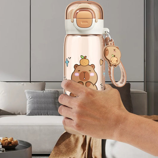 Capybara Large Capacity Water Cup & Straw Leakproof Drinks Bottle Plastic Kapibara Cup for Childs Teen Girl Travel School Sports