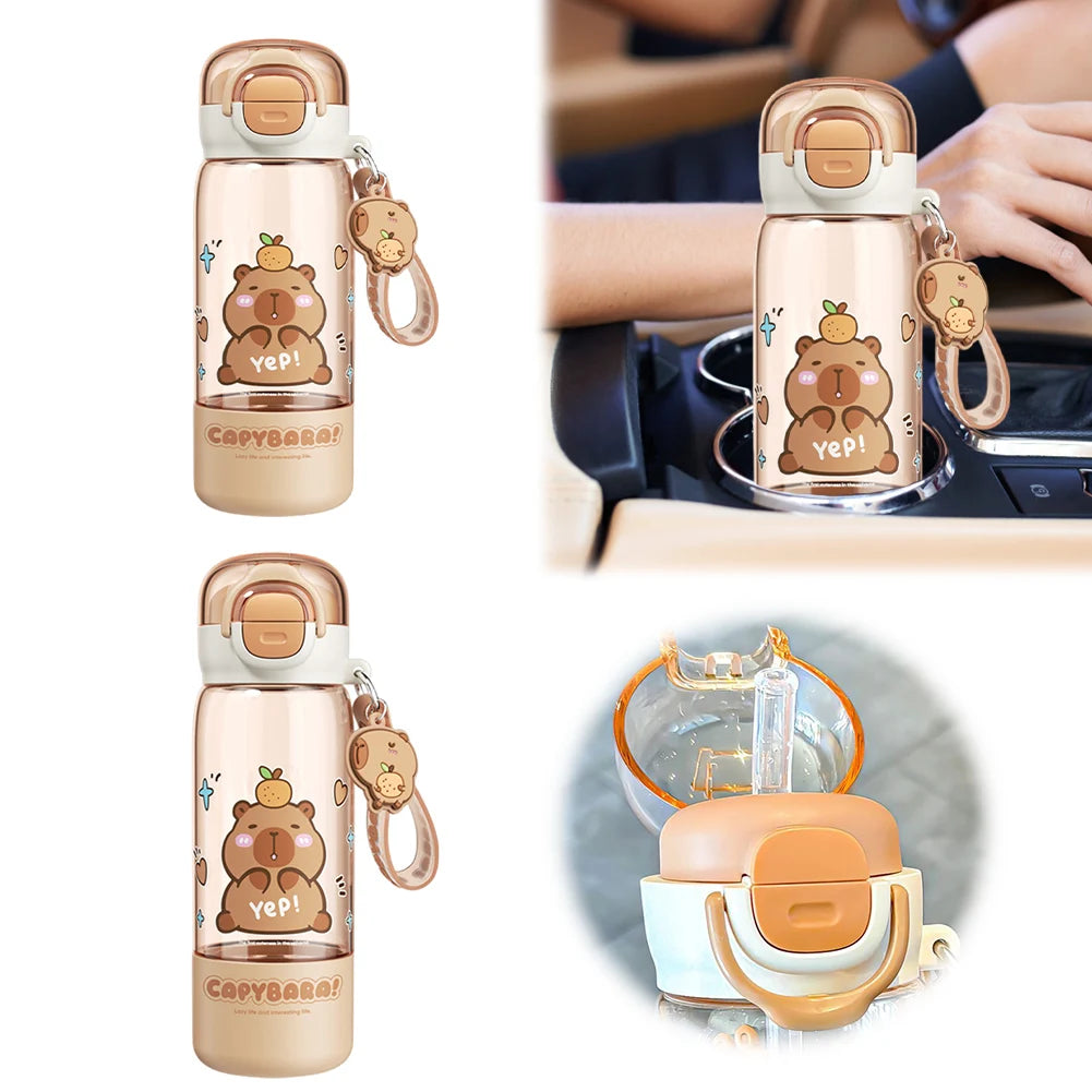 Capybara Large Capacity Water Cup & Straw Leakproof Drinks Bottle Plastic Kapibara Cup for Childs Teen Girl Travel School Sports
