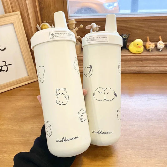 Cute Cat Thermal Cup Kawaii Bubble Milk Tea Water Bottle With Straw Cover Cap Large Stainless Steel Thermos Coffee Tumbler 850ml
