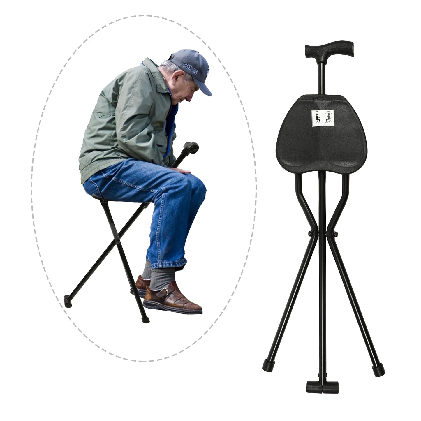 Folding Cane with Seat is 35.4 Inches Tall, and Supports up to 249.12lbs