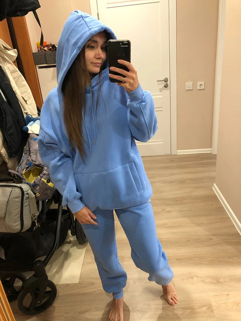 Women Tracksuit Casual Hoodies Sweatshirt Pant Set Lounge Wear Sport Suit 2PCS Autumn Winter Clothes Hooded Thicken Sets