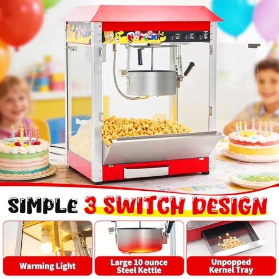 Commercial 1300W Countertop Popcorn Machine 10 Oz Kettle Red Popper for 60 Cups per Batch with 3-Switch Control 2 Scoops 1 Cup