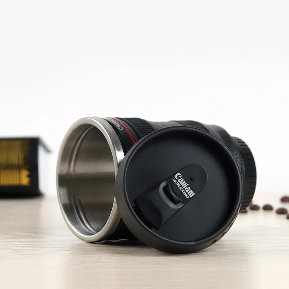 Stainless Steel Vacuum Flasks Thermal Insulation Cup 350mL Creative Camera Lens Shape Coffee Tea Mug with Lid