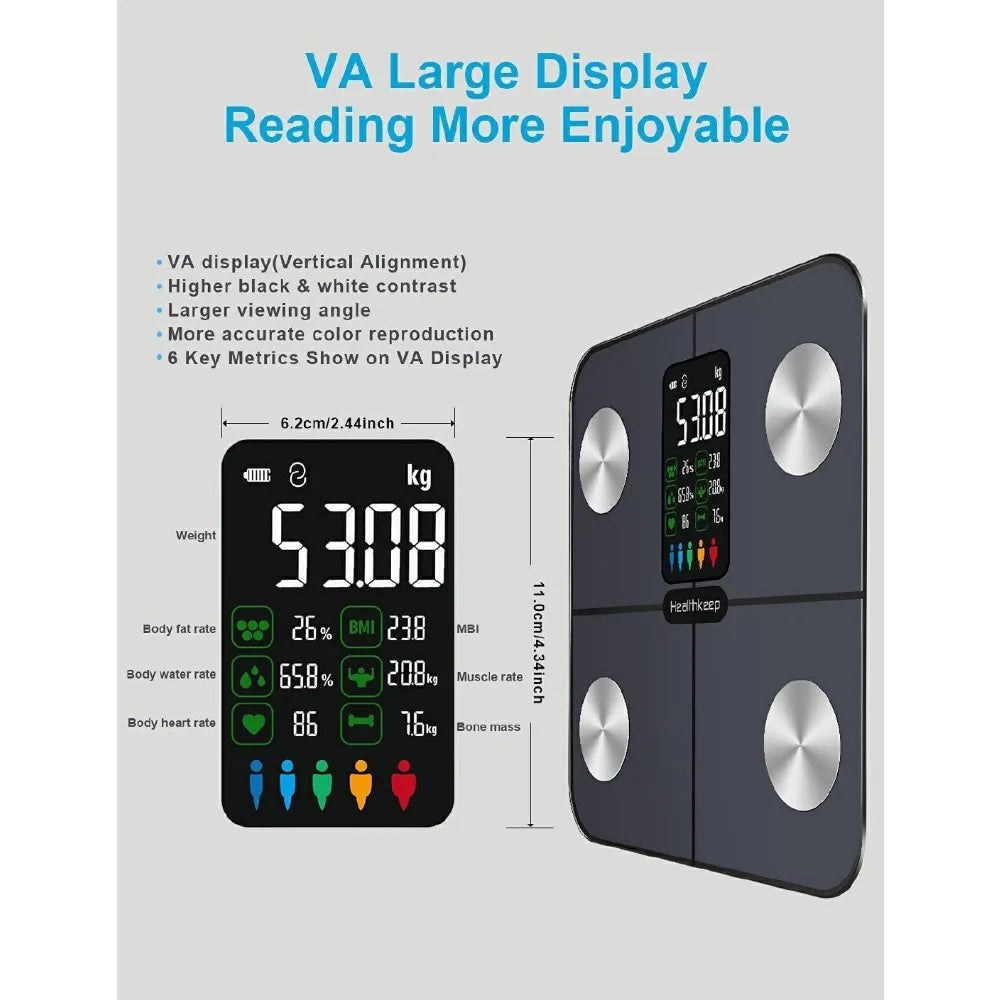 Smart Bluetooth Body Fat Scale - 15 Health Metrics, Heart Rate Monitor, Large Display, App Sync & Multi-User Support