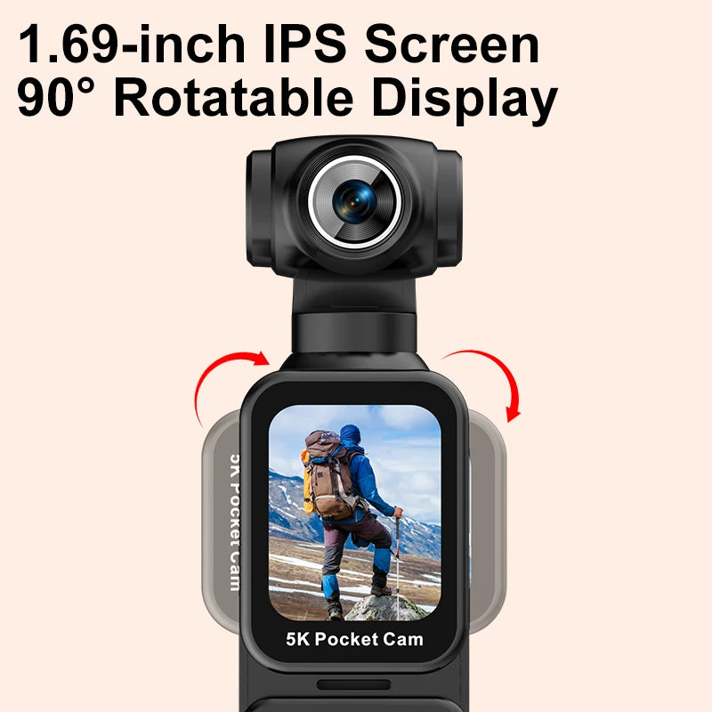 5K Pocket Action Camera Rotation Lens Quick Focus Sports Camcorder 1.69" Touch Screen Video Record Camera  Anti Shake