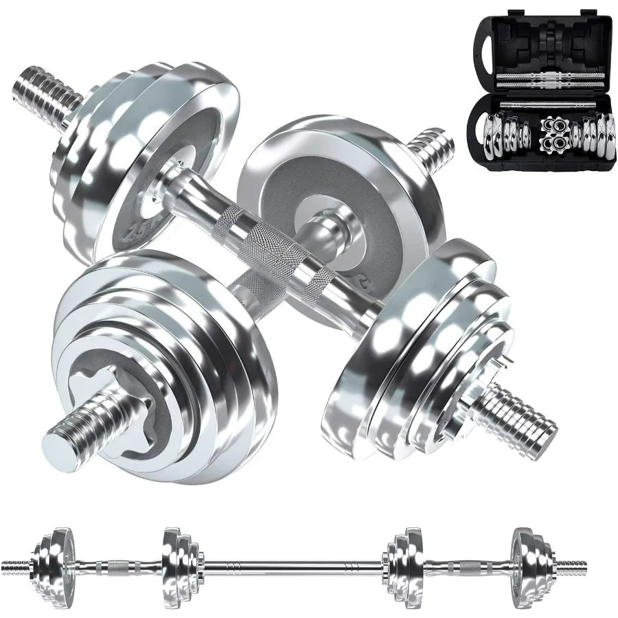 Fitness Dumbbells Set, Adjustable Weight Sets up to 44 lbs, with Metal Connecting Rod Used As Barbell, Chromed Weights, Hardcove