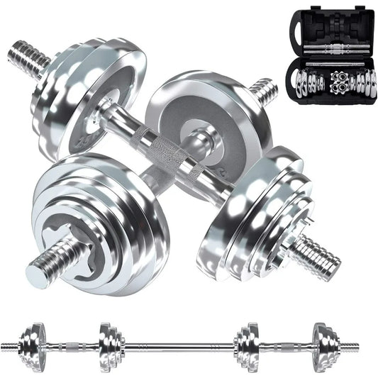 Fitness Dumbbells Set, Adjustable Weight Sets up to 44 lbs, with Metal Connecting Rod Used As Barbell, Chromed Weights, Hardcove