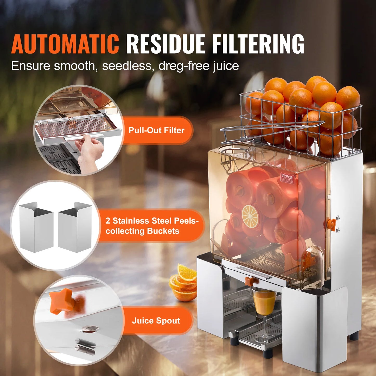 SucceBuy Commercial Orange Juicer Machine Automatic Juice Extractor Stainless Steel Orange Squeezer  with Pull-Out Filter Box﻿