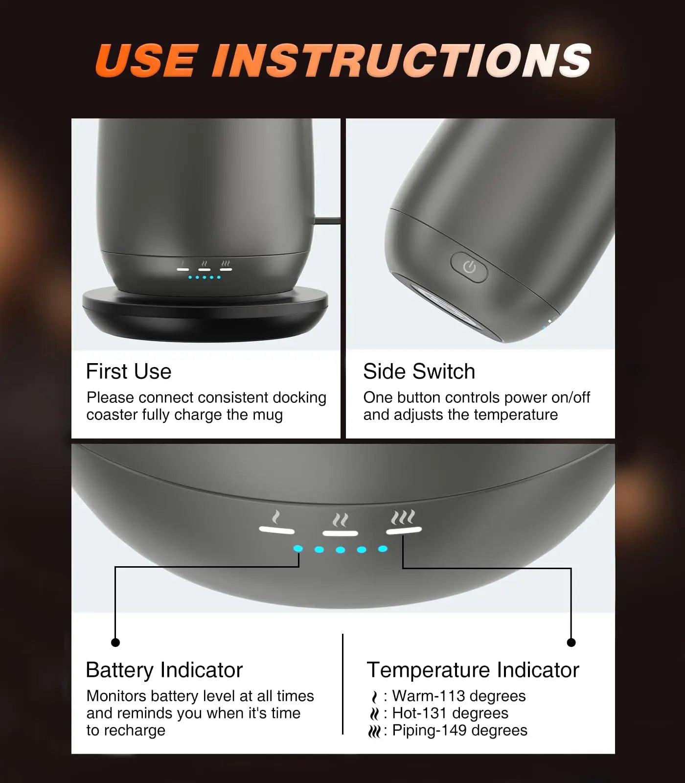 Self Heating Smart Coffee Mug 16oz, Temperature Control up to 149℉, 150 Min Battery Life, No App