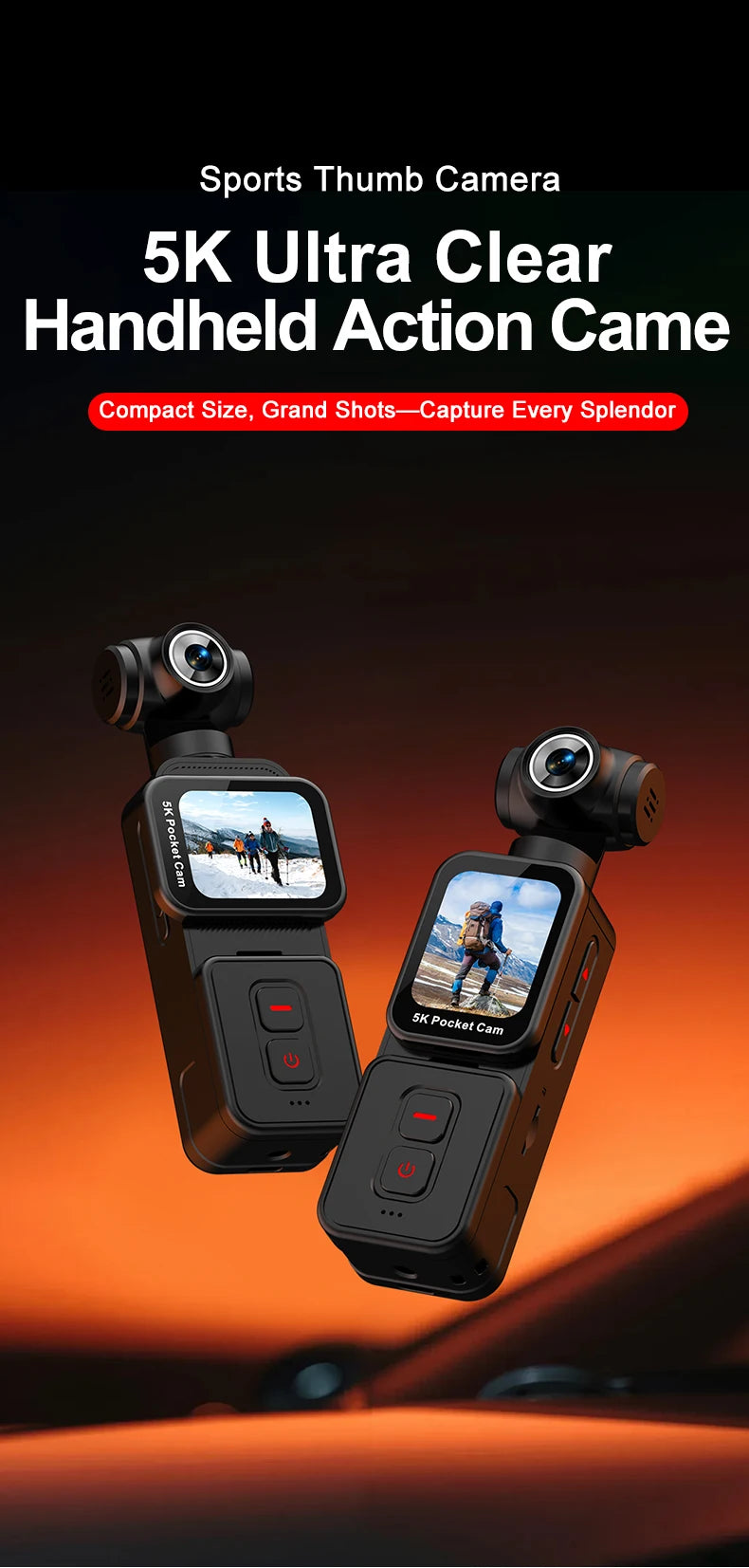 5K Pocket Action Camera Rotation Lens Quick Focus Sports Camcorder 1.69" Touch Screen Video Record Camera  Anti Shake