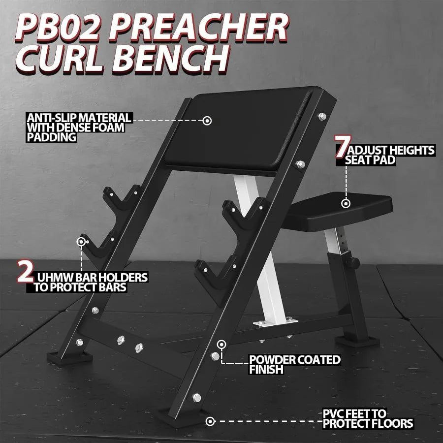 Preacher Curl Bench Seated Arm Isolated Barbell Dumbbell Bicep Station with 2 Bar Holders for Home Gym Training Advanced Resist