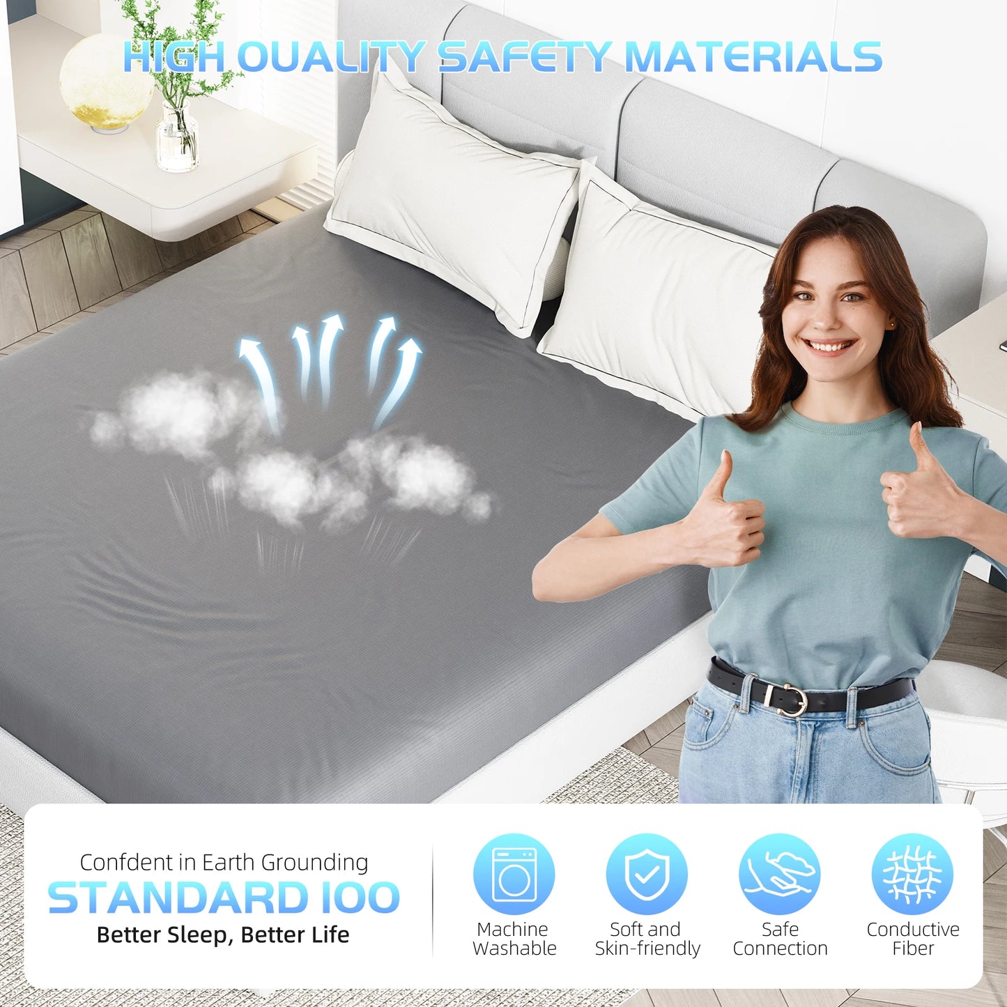 Grounding Sheet, 90% Organic Cotton+10% Pure Silver Organic Fitted Grounded Sheet for Improved Sleep