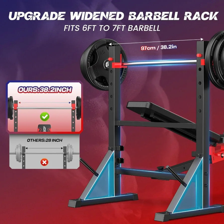 900 LBS Weight Bench Set with Squat Rack for Home Gym: Adjustable Flat Incline Decline Bench Press Station with Leg Extension a