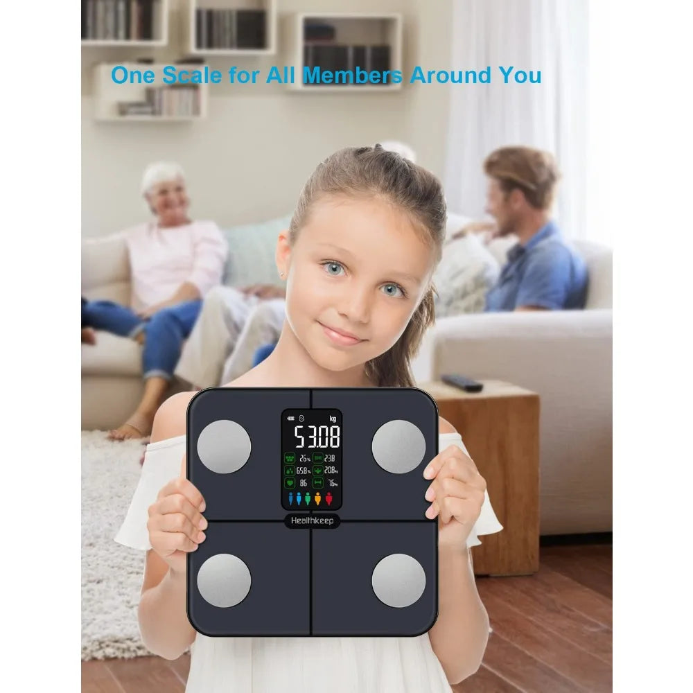 Smart Bluetooth Body Fat Scale - 15 Health Metrics, Heart Rate Monitor, Large Display, App Sync & Multi-User Support
