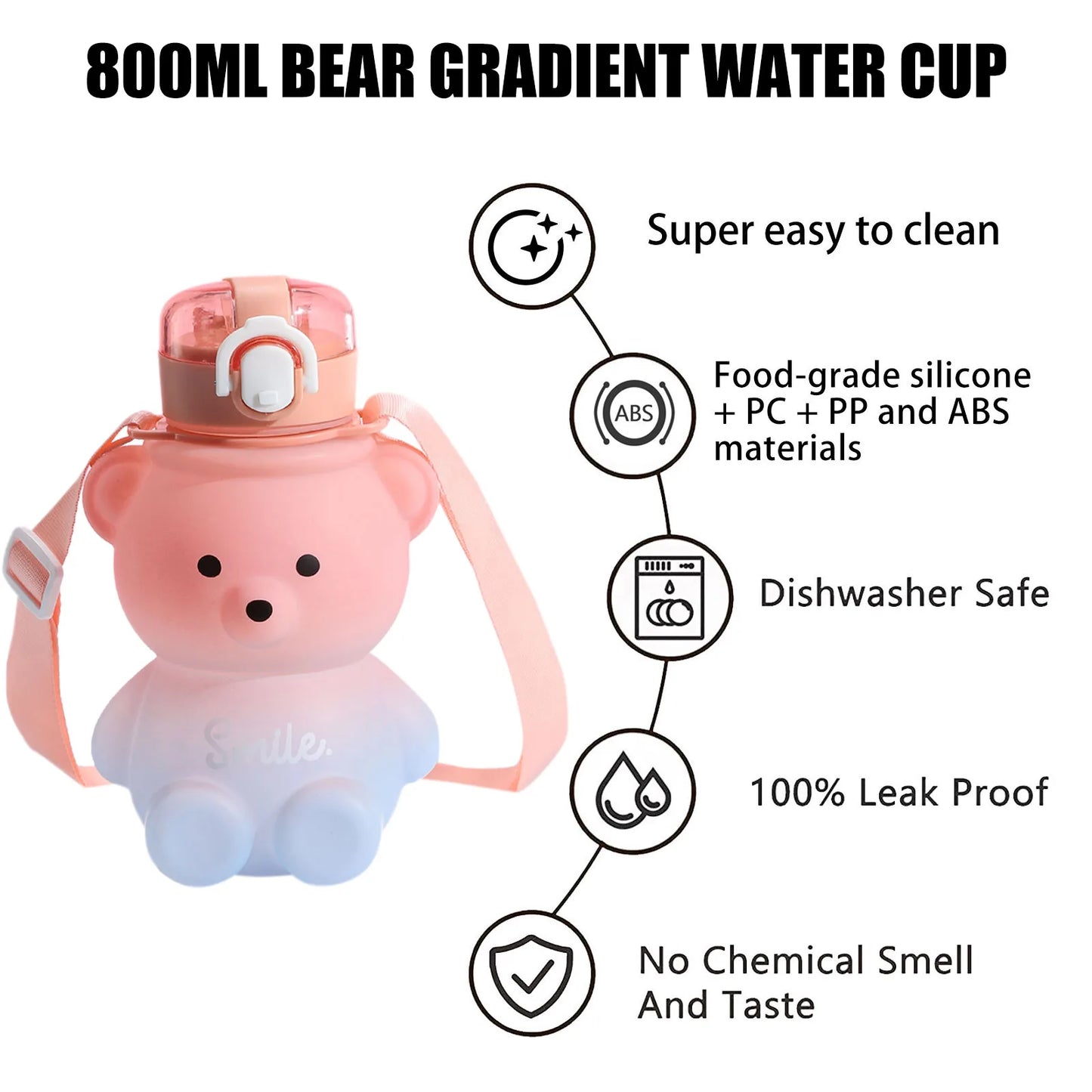 800ml Novelty Drinking Bottle Large Capacity Kawaii Bear Straw Bottle Insulated Water Bottle for Girls for School Outdoor Travel
