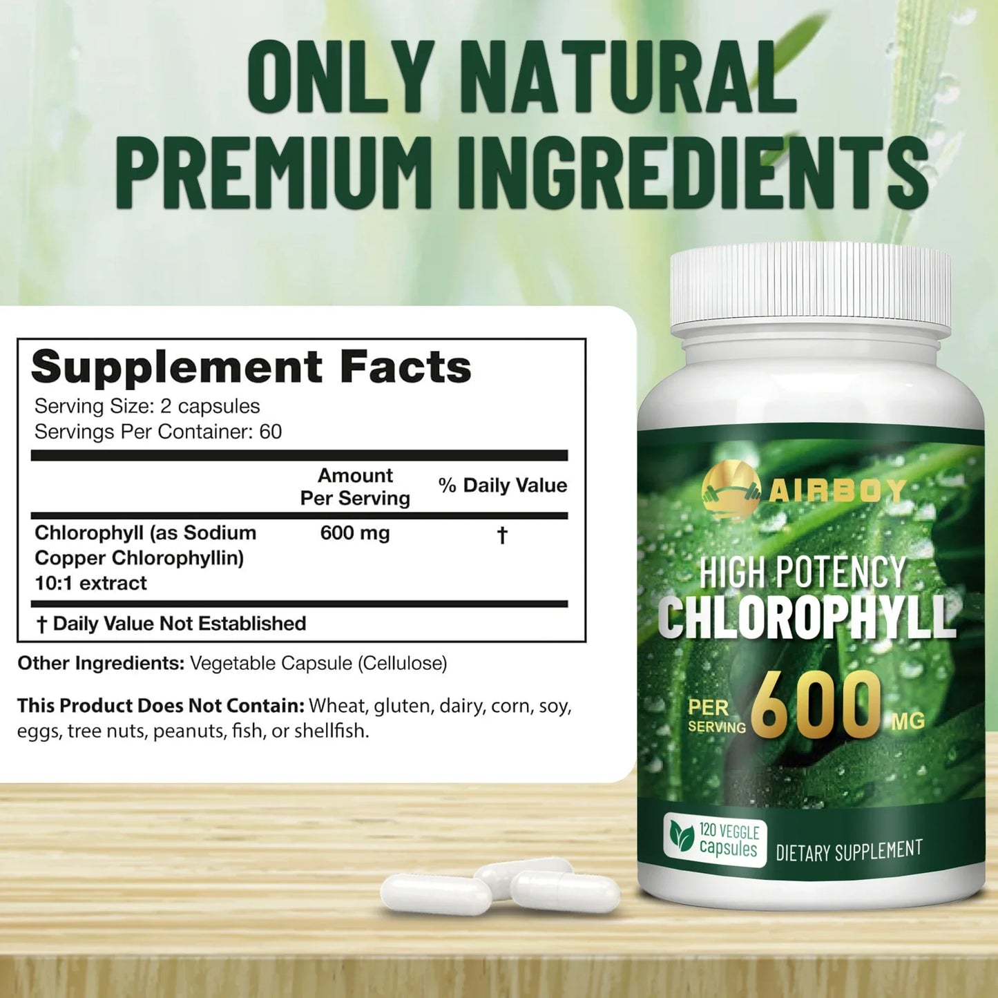 Chlorophyll Supplement 600mg - Boosts The Immune System, Improves Skin, Enhances Digestion, and Slows Down Aging - 120 Capsules
