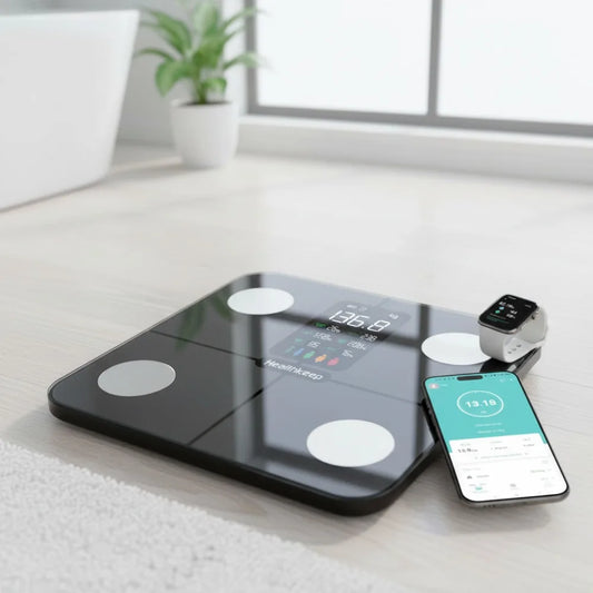 Smart Bluetooth Body Fat Scale - 15 Health Metrics, Heart Rate Monitor, Large Display, App Sync & Multi-User Support
