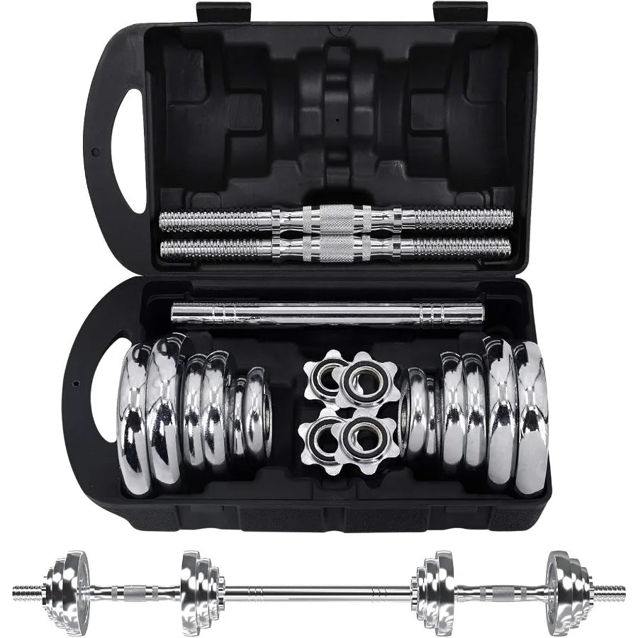 Fitness Dumbbells Set, Adjustable Weight Sets up to 44 lbs, with Metal Connecting Rod Used As Barbell, Chromed Weights, Hardcove
