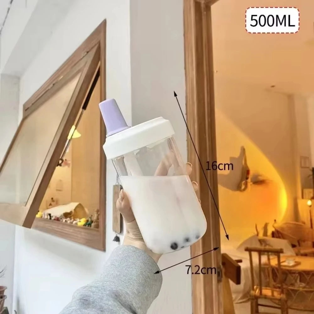 Large Capacity Pearl Milk Tea Glass Cup with Straw, Simple Design Plastic Water Bottle, Casual Style Drinkware for Daily Use