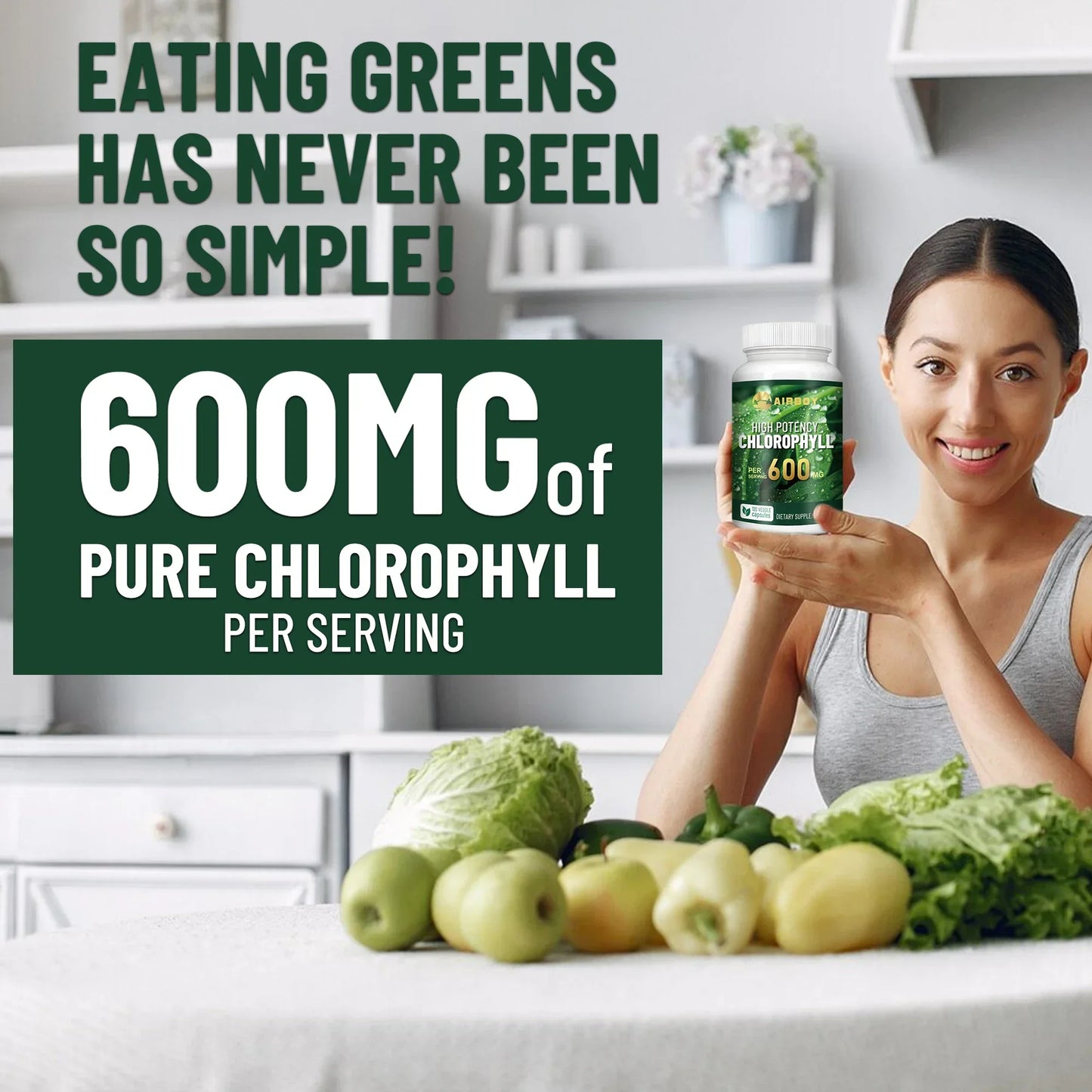 Chlorophyll Supplement 600mg - Boosts The Immune System, Improves Skin, Enhances Digestion, and Slows Down Aging - 120 Capsules