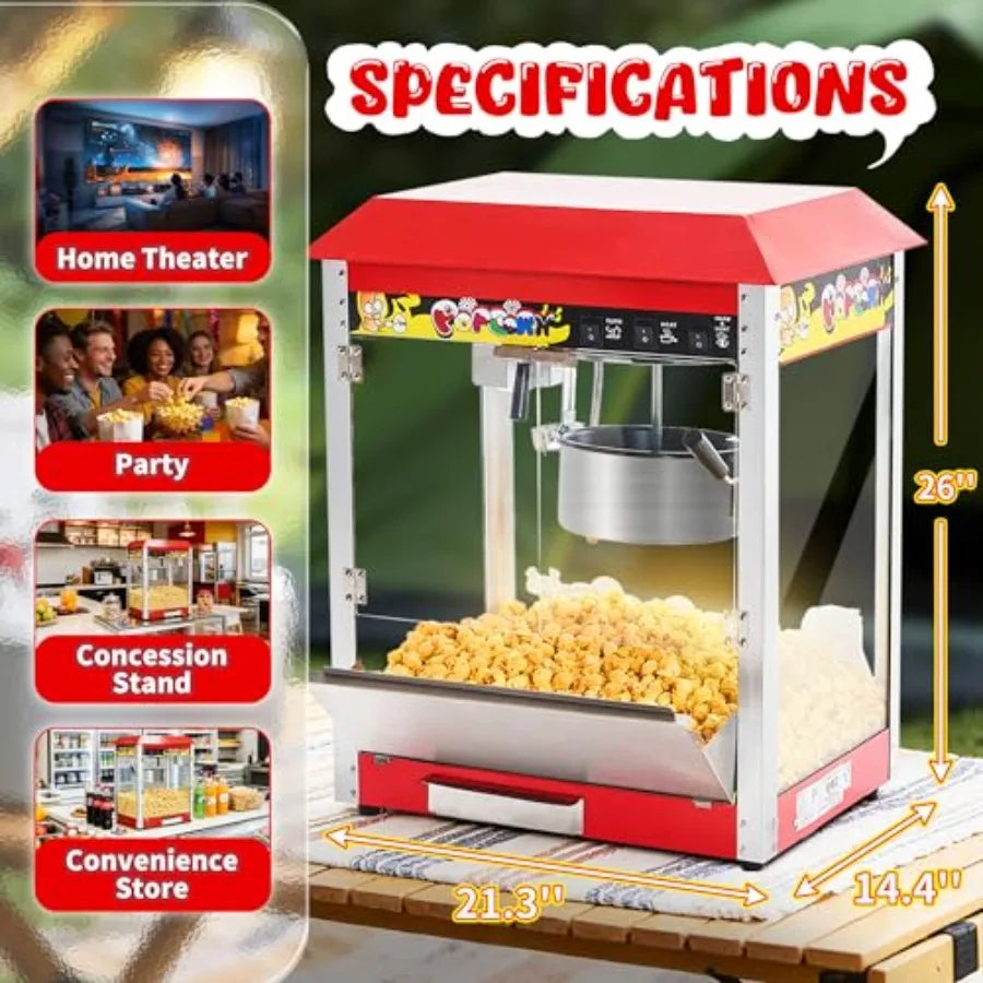 Commercial 1300W Countertop Popcorn Machine 10 Oz Kettle Red Popper for 60 Cups per Batch with 3-Switch Control 2 Scoops 1 Cup