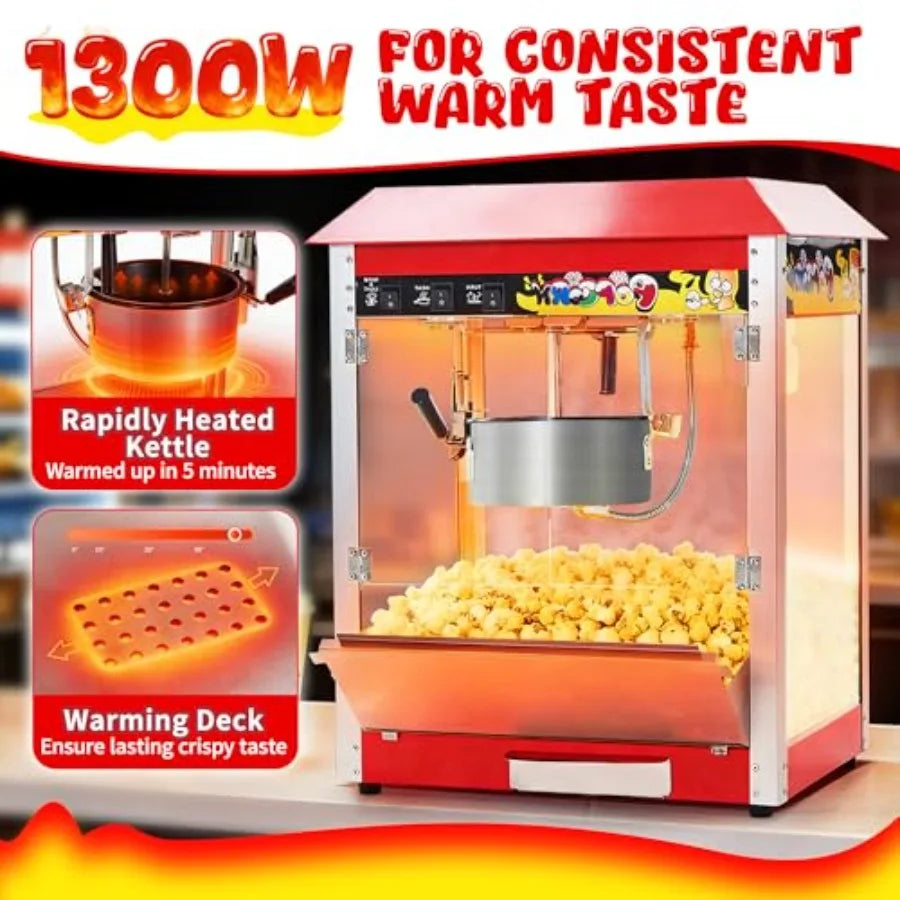 Commercial 1300W Countertop Popcorn Machine 10 Oz Kettle Red Popper for 60 Cups per Batch with 3-Switch Control 2 Scoops 1 Cup