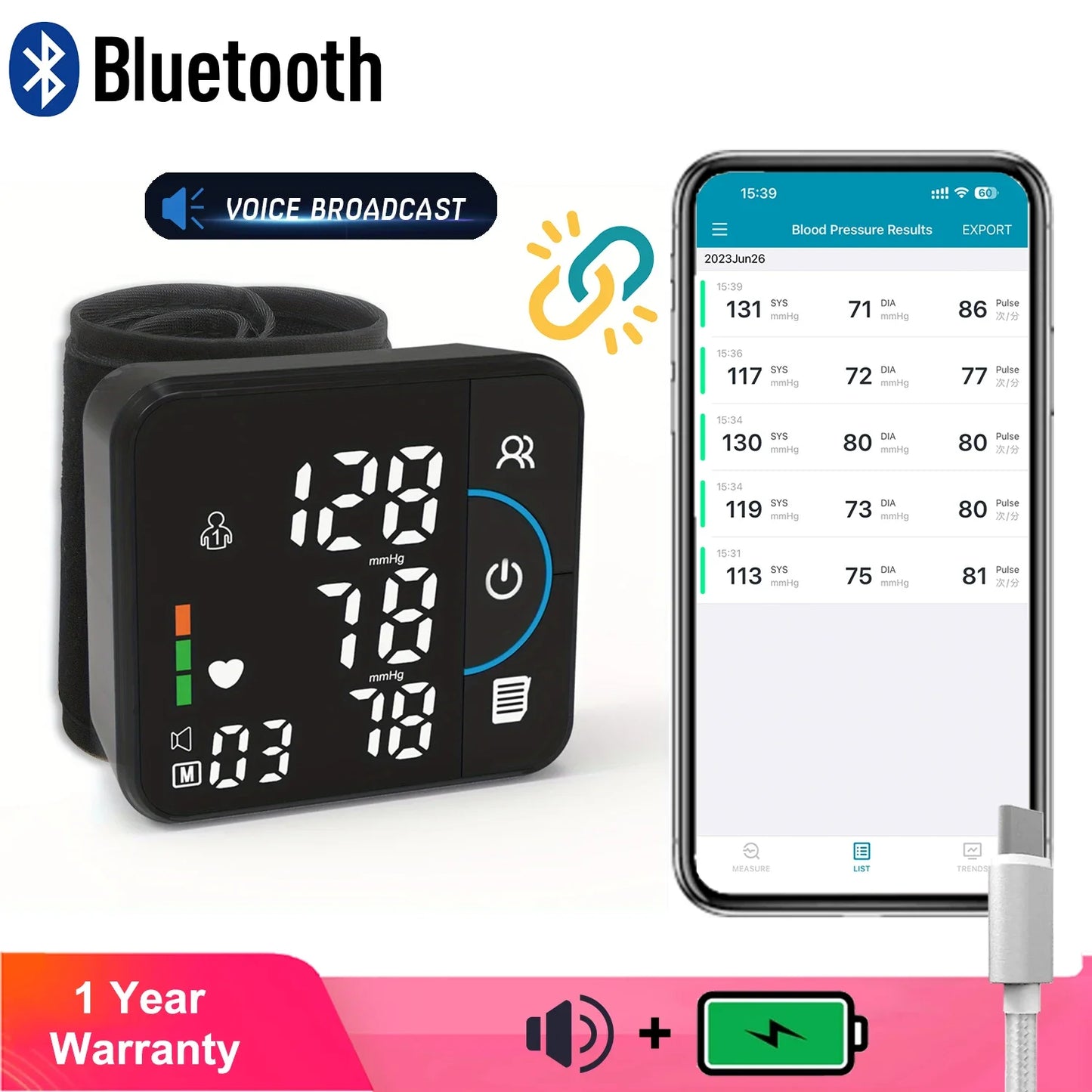 Bluetooth Voice Rechargeable Wrist Blood Pressure Monitor USB Dual Mode Tonometer Blood Pressuremeter For Apple Android Phone